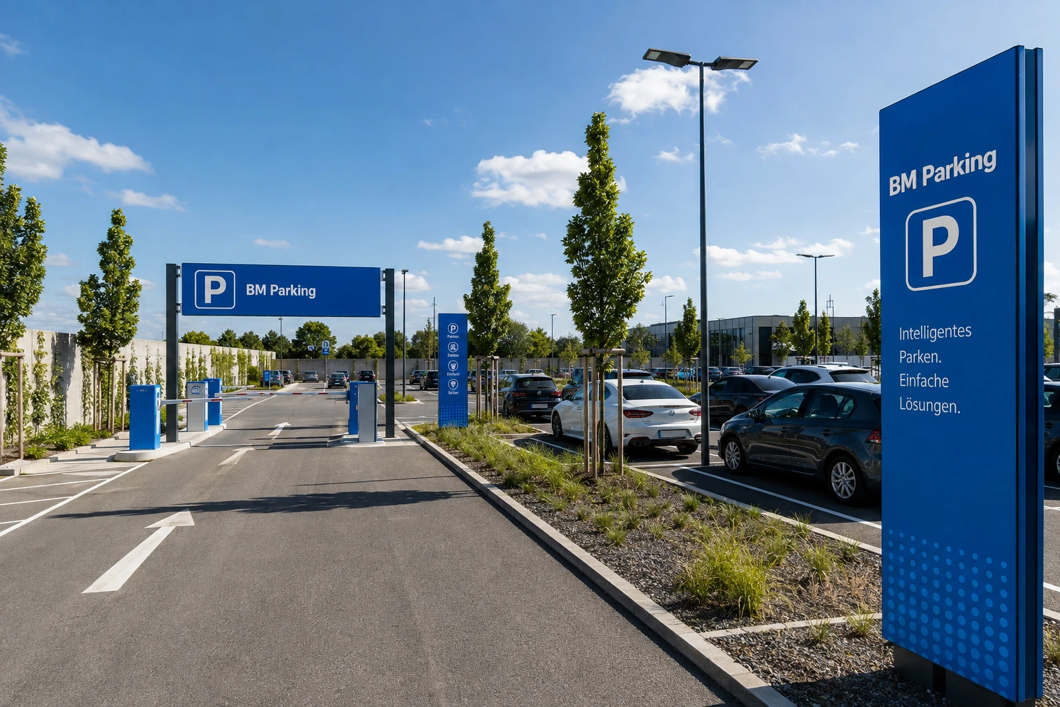 Hotel- und Gastronomiestandort mit beleuchtetem Parkplatz
