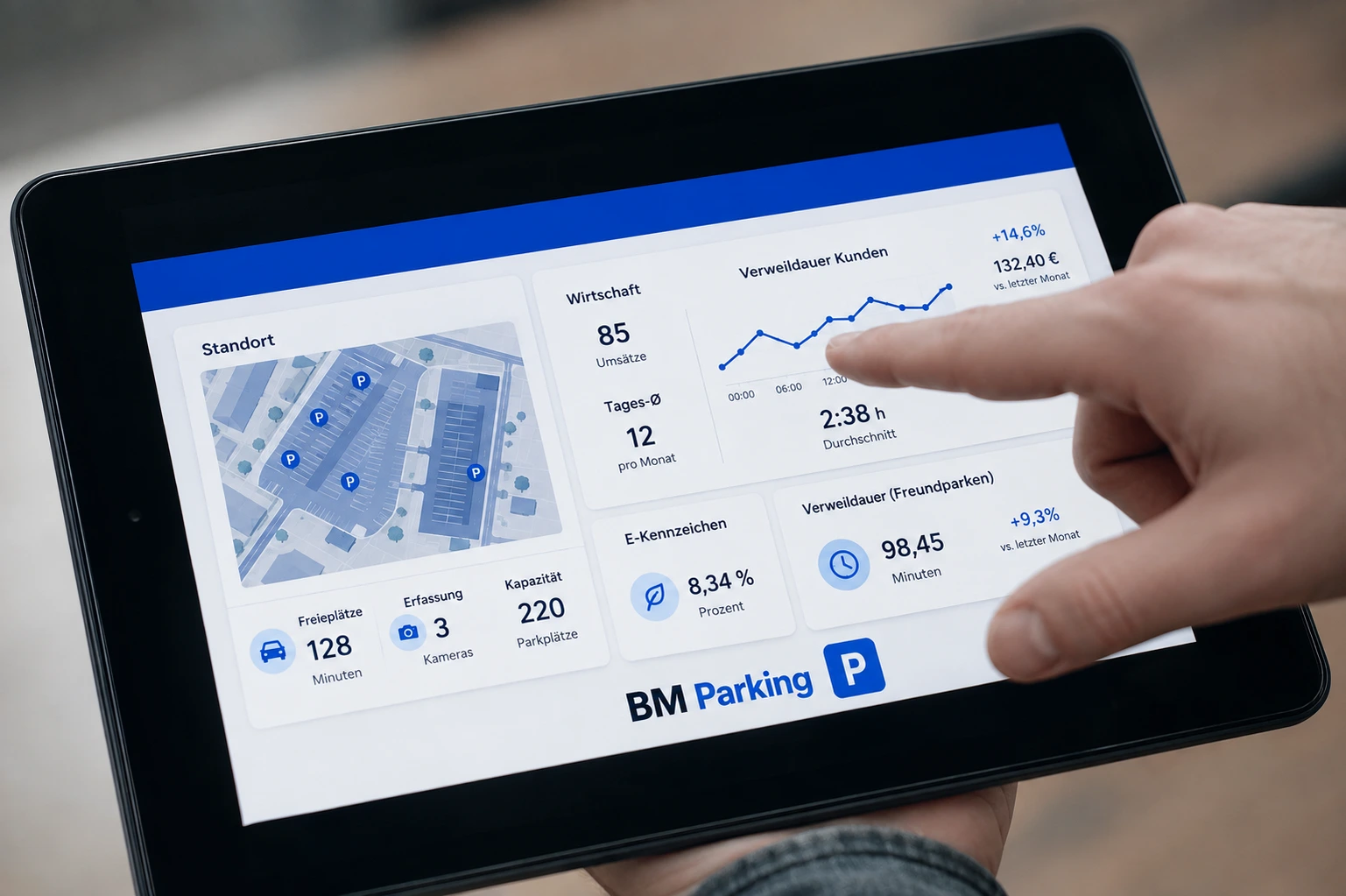 BM Parking Analysen und Standortdaten auf einem Tablet