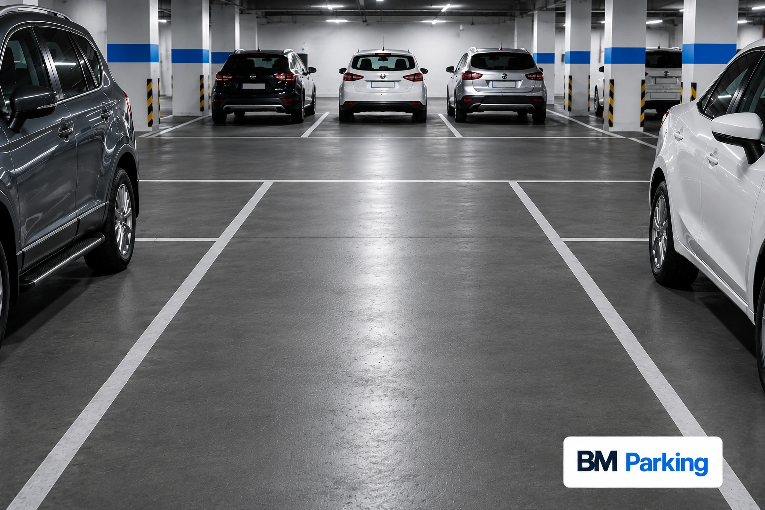 Freie Stellplätze in einer Tiefgarage mit BM Parking Branding